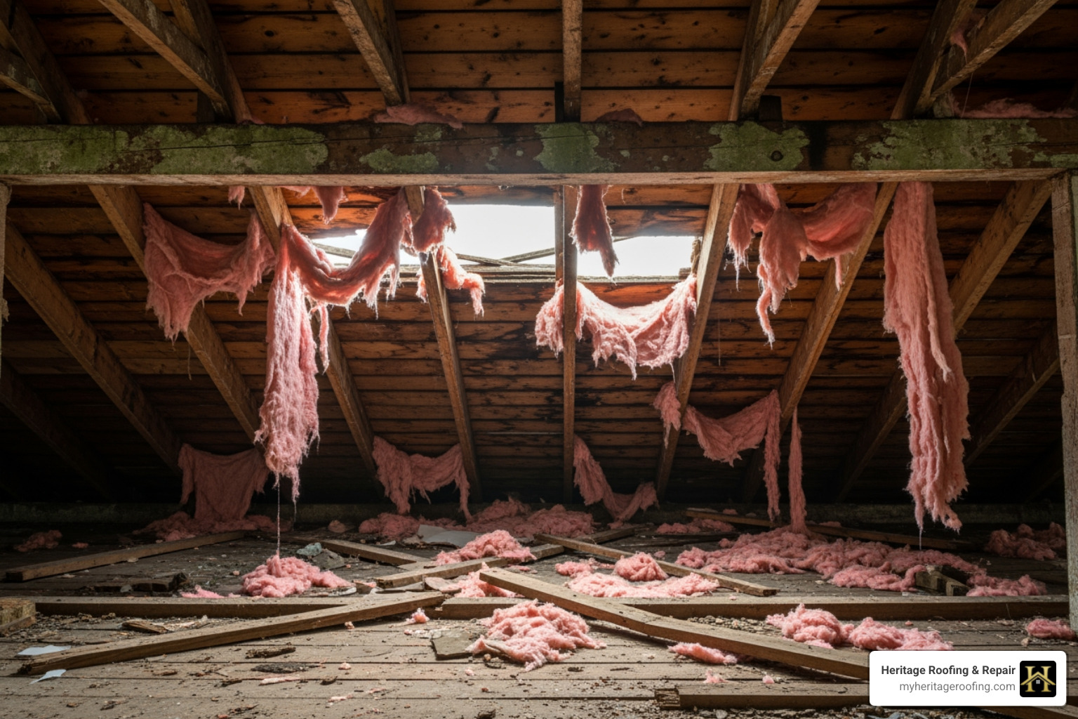 sagging roof deck viewed from inside the attic - attic ventilation issues