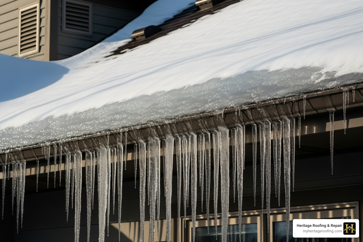 icicles forming a large ice dam along a gutter line - attic ventilation issues