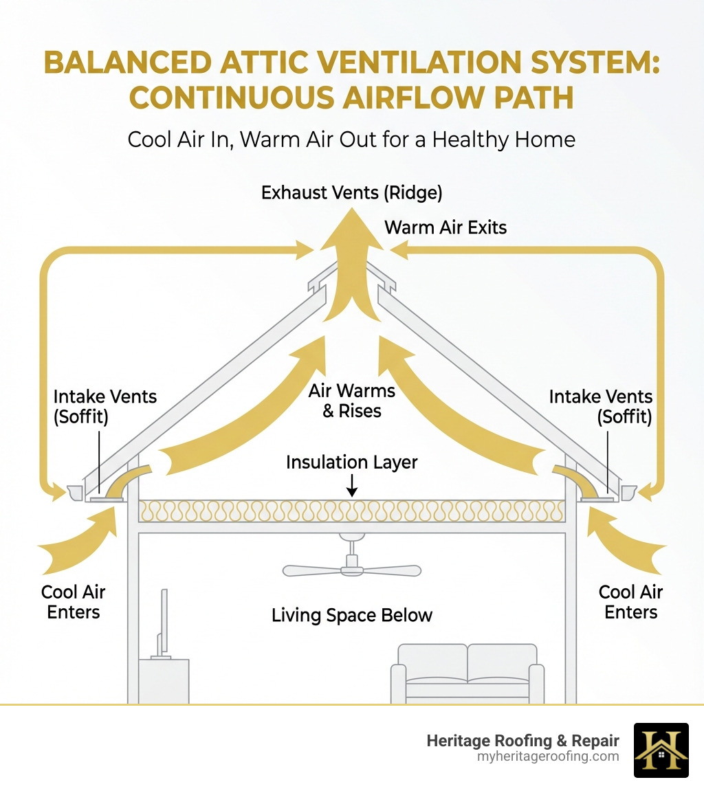 Infographic showing balanced attic ventilation system: cool air enters through soffit vents at the eaves, rises as it warms, and exits through ridge vents at the peak, with arrows showing continuous airflow path and labels for intake vents, exhaust vents, insulation layer, and living space below - attic ventilation issues infographic 