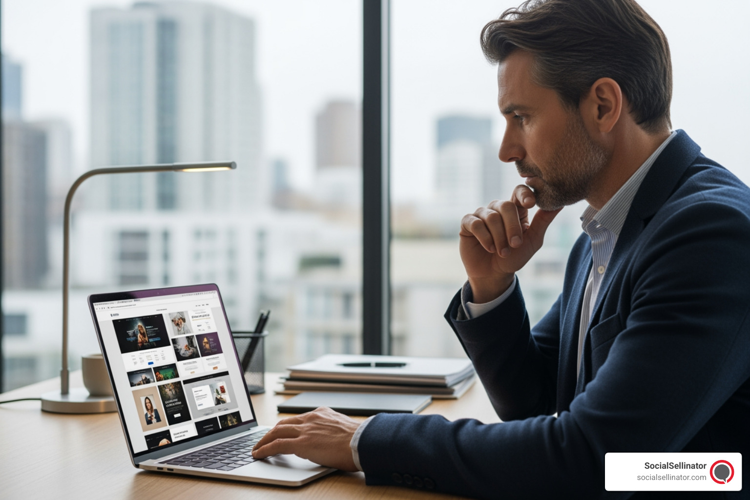 business owner thoughtfully reviewing web design agency portfolio on laptop - best web design agencies near me