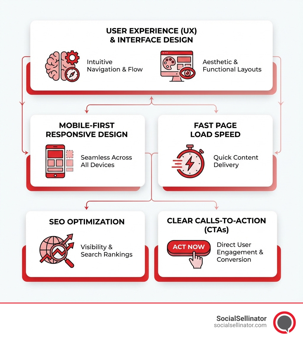 infographic showing five key elements of successful websites: user experience and interface design at the top, mobile-first responsive design and fast page load speed in the middle tier, and SEO optimization with clear calls-to-action at the foundation - best web design agencies near me infographic 
