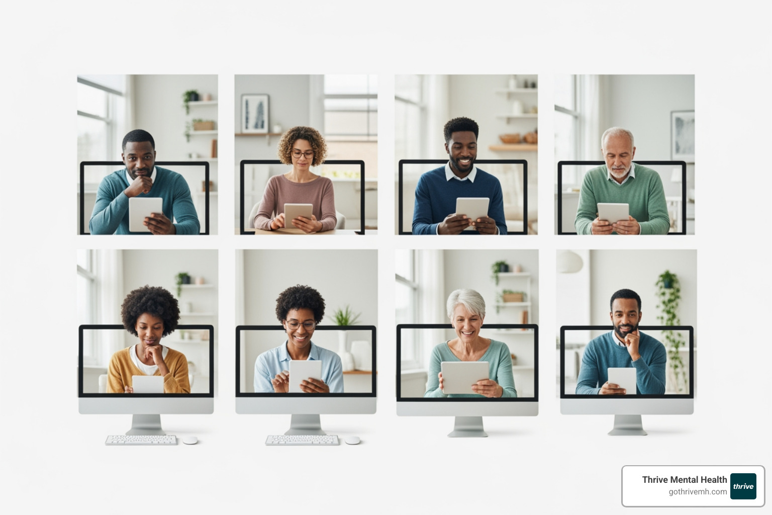 Diverse adults in South Carolina joining a virtual group therapy session for anxiety - Show me providers that offer virtual anxiety support online for adults living in South Carolina