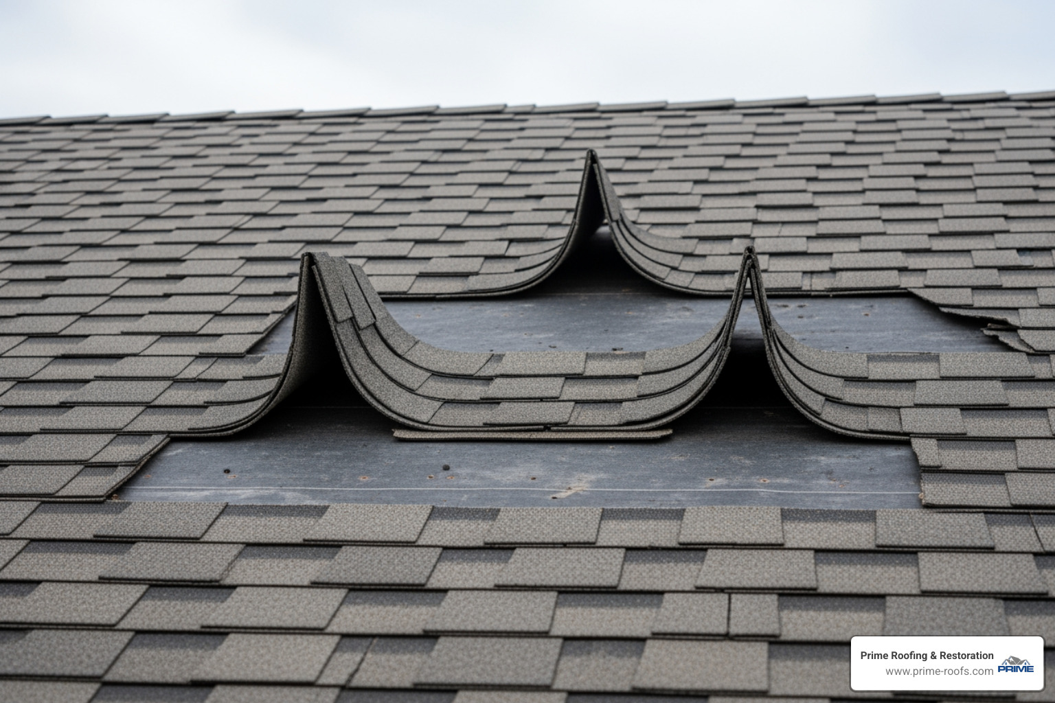 curled and missing asphalt shingles on a roof - roof repair wind damage