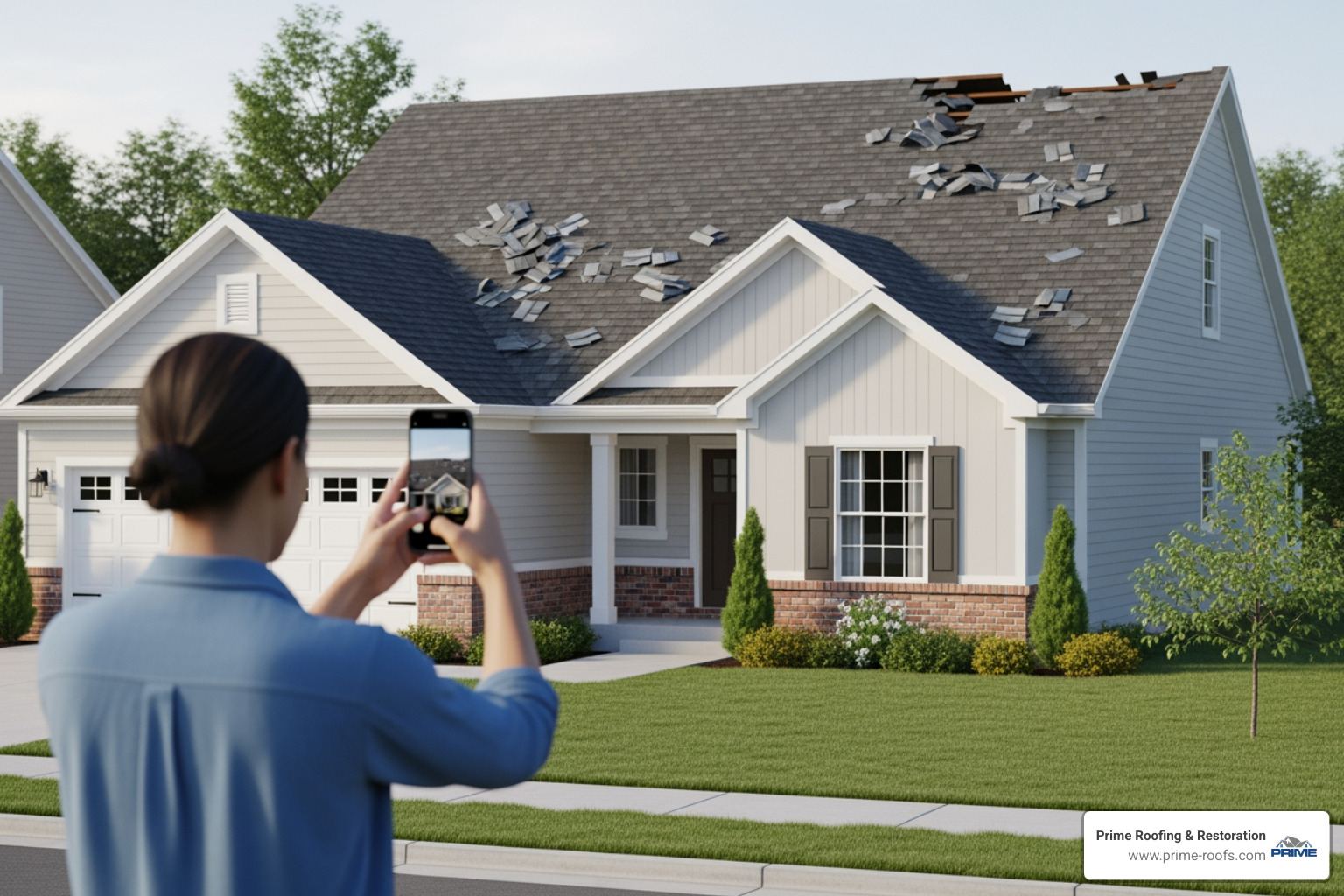 a homeowner taking photos of a damaged roof from the ground - roof repair wind damage