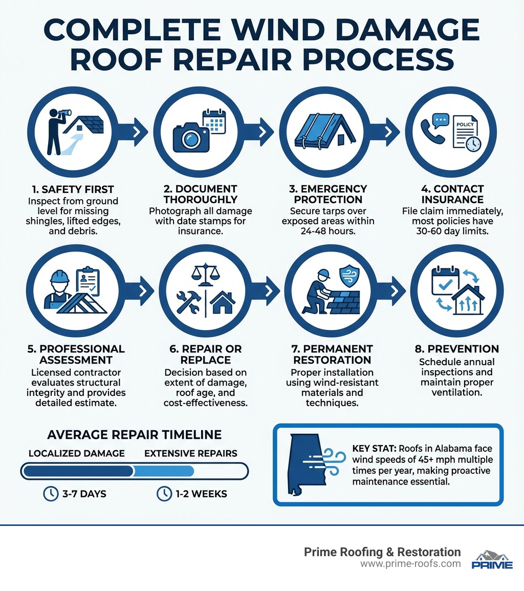 Infographic showing the complete wind damage roof repair process: 1) Safety first - inspect from ground level for missing shingles, lifted edges, and debris; 2) Document thoroughly - photograph all damage with date stamps for insurance; 3) Emergency protection - secure tarps over exposed areas within 24-48 hours; 4) Contact insurance - file claim immediately, most policies have 30-60 day limits; 5) Professional assessment - licensed contractor evaluates structural integrity and provides detailed estimate; 6) Repair or replace - decision based on extent of damage, roof age, and cost-effectiveness; 7) Permanent restoration - proper installation using wind-resistant materials and techniques; 8) Prevention - schedule annual inspections and maintain proper ventilation. Average repair timeline: 3-7 days for localized damage, 1-2 weeks for extensive repairs. Key stat: Roofs in Alabama face wind speeds of 45+ mph multiple times per year, making proactive maintenance essential. - roof repair wind damage infographic 