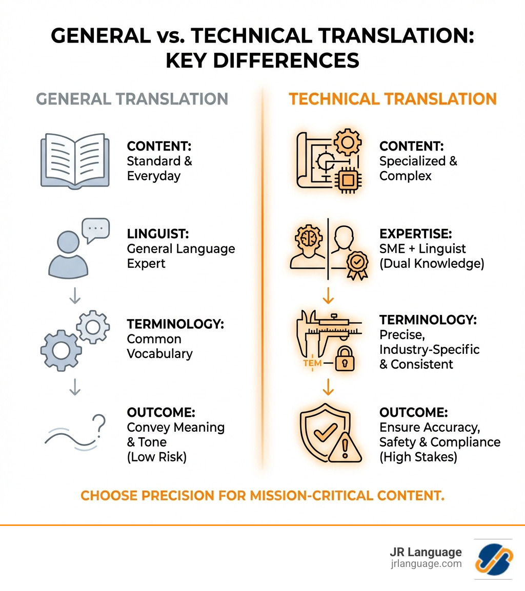 infographic showing key differences between general translation and technical translation services - technical translation services infographic infographic showing key differences between general translation and technical translation services - technical translation services infographic