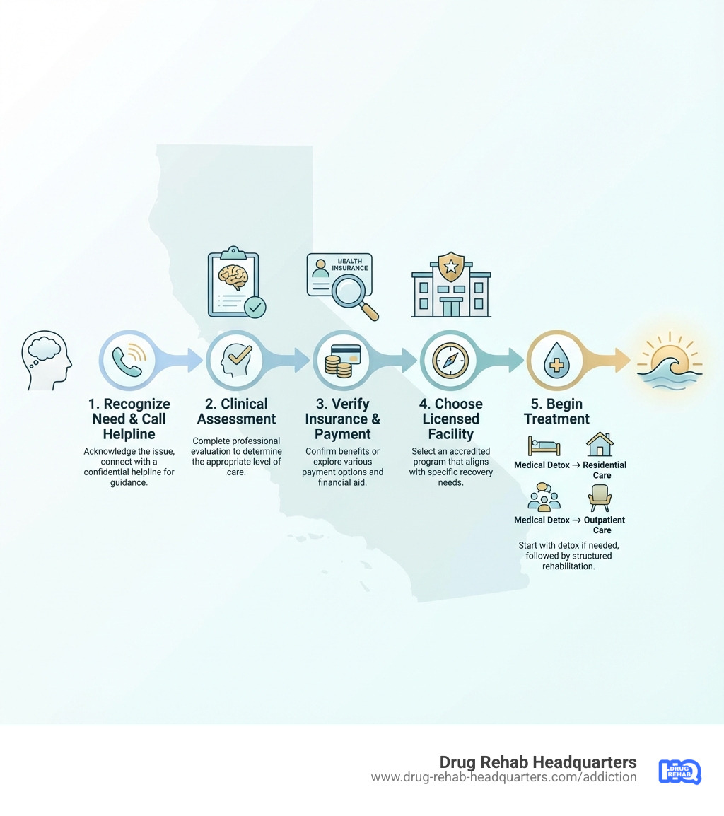Infographic showing 5 key steps to finding alcohol rehab in California: 1. Recognize the need for help and call a confidential helpline, 2. Complete a clinical assessment to determine appropriate level of care, 3. Verify insurance benefits or explore payment options, 4. Choose a licensed, accredited facility that matches your needs, 5. Begin treatment with medical detox if needed, followed by residential or outpatient care - rehab alcohol california infographic Infographic showing 5 key steps to finding alcohol rehab in California: 1. Recognize the need for help and call a confidential helpline, 2. Complete a clinical assessment to determine appropriate level of care, 3. Verify insurance benefits or explore payment options, 4. Choose a licensed, accredited facility that matches your needs, 5. Begin treatment with medical detox if needed, followed by residential or outpatient care - rehab alcohol california infographic