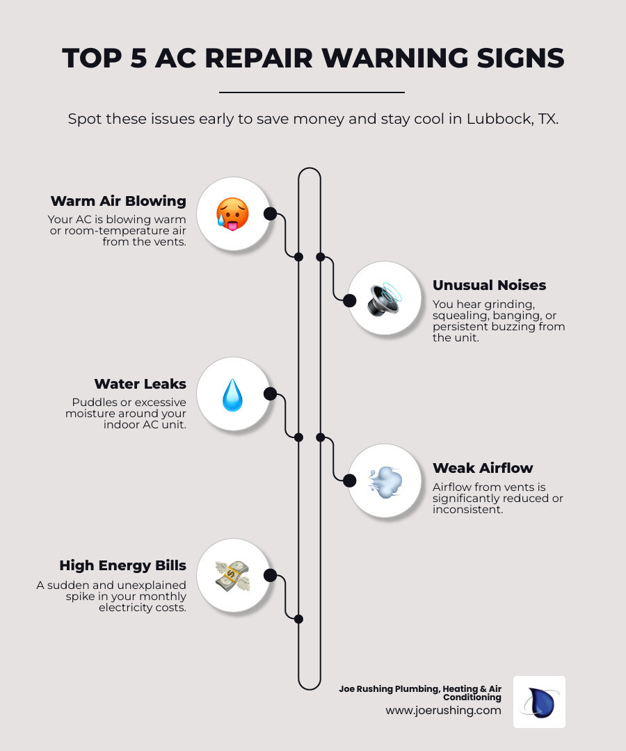 Infographic showing 5 warning signs your AC needs repair: 1) Warm air blowing from vents, 2) Unusual noises like grinding or squealing, 3) Water pooling around indoor unit, 4) Weak airflow throughout home, 5) Sudden spike in energy bills - affordable air conditioning repair in lubbock, tx infographic infographic-line-5-steps-elegant_beige