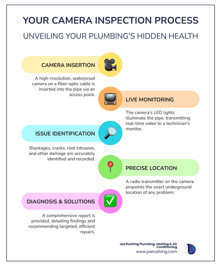 infographic showing the complete camera inspection process from initial camera insertion through cleanout port, navigation through pipe system with LED lighting, real-time video monitoring on display screen, identification of blockages and damage, precise location marking, and final diagnostic report with repair recommendations - best camera inspection in lubbock, tx infographic infographic-line-5-steps-colors