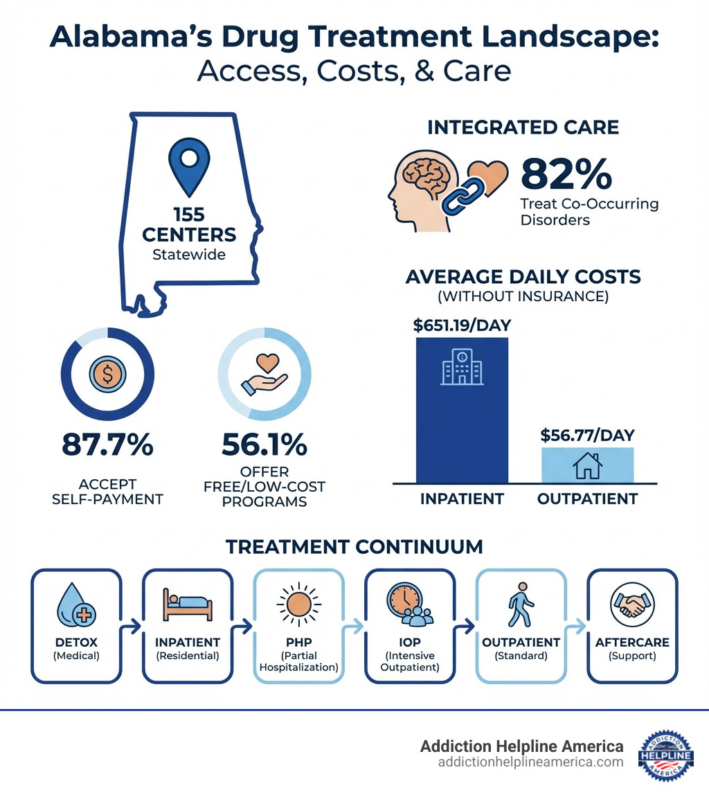 Infographic showing Alabama's treatment landscape: 155 centers statewide, 87.7% accept self-payment, 56.1% offer free or low-cost programs, 82% treat co-occurring disorders, average costs with and without insurance, and types of care available from detox through aftercare - drug treatment centers in alabama infographic 