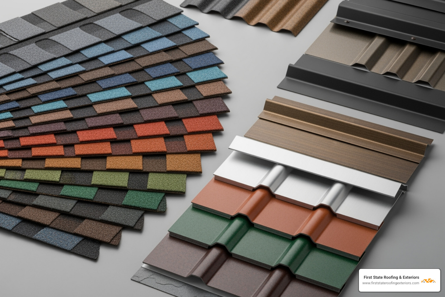 samples of asphalt shingles and metal roofing panels - roof replacement Milford