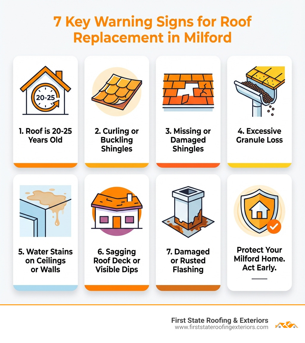 Infographic showing the 7 key warning signs that indicate a roof needs replacement in Milford: 1) Roof is 20-25 years old, 2) Shingles are curling or buckling, 3) Missing or damaged shingles, 4) Excessive granule loss in gutters, 5) Water stains on ceilings or walls, 6) Sagging roof deck or visible dips, 7) Damaged or rusted flashing around chimneys and vents - roof replacement Milford infographic 