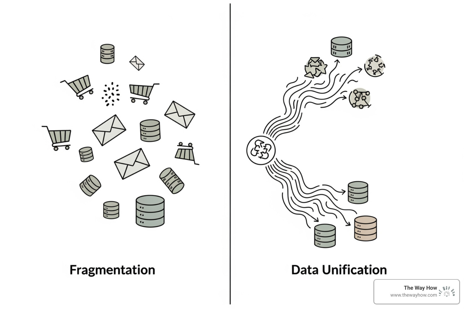 Conceptual illustration of fragmented data sources (multiple unconnected icons like shopping cart, email, CRM) flowing into a chaotic, jumbled pile, contrasted with a streamlined, organized flow into a central HubSpot logo, representing a unified CRM view. - hubspot ecommerce automation