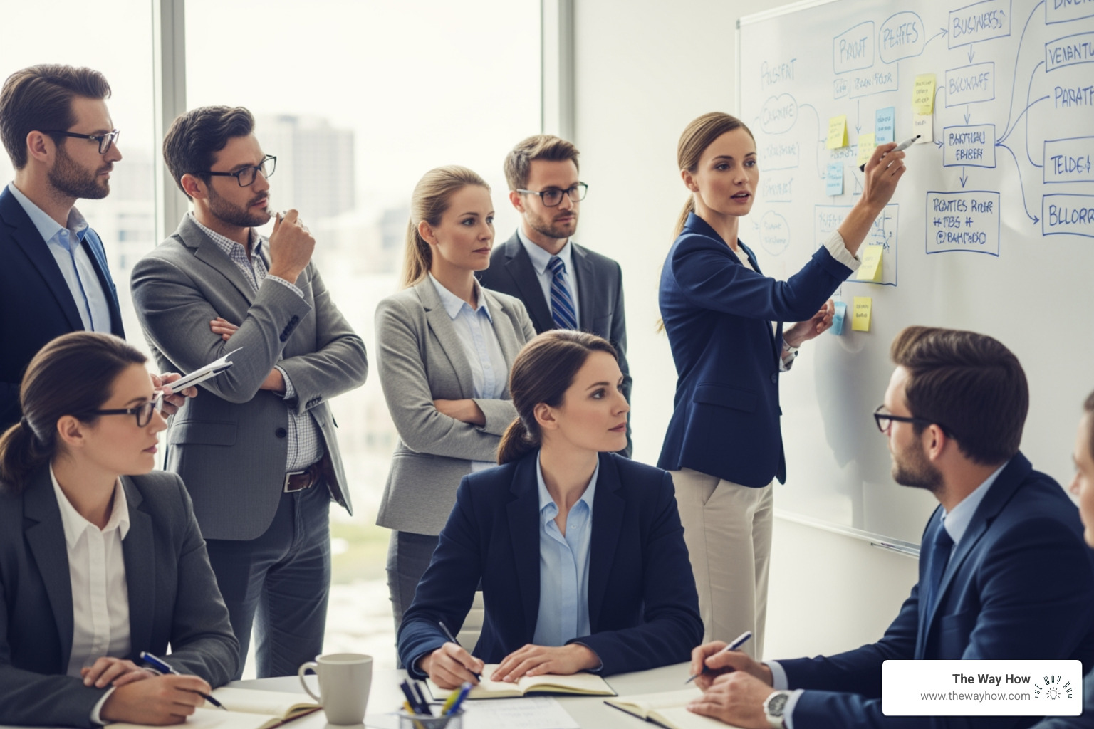 A Fractional CMO collaborating with a leadership team at a whiteboard, illustrating strategic discussion and planning - Fractional CMO definition