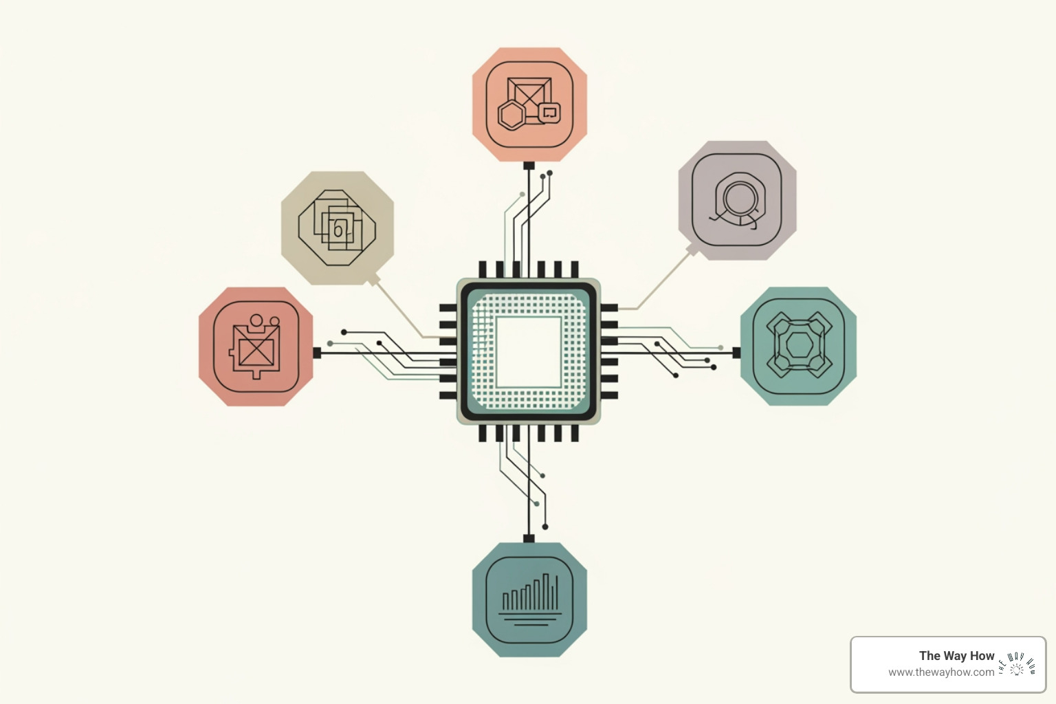 Conceptual illustration of HubSpot's various Hubs (Marketing, Sales, Service, Operations, Commerce) connecting to a central CRM core, depicted as a brain or central processing unit. - HubSpot integration strategy