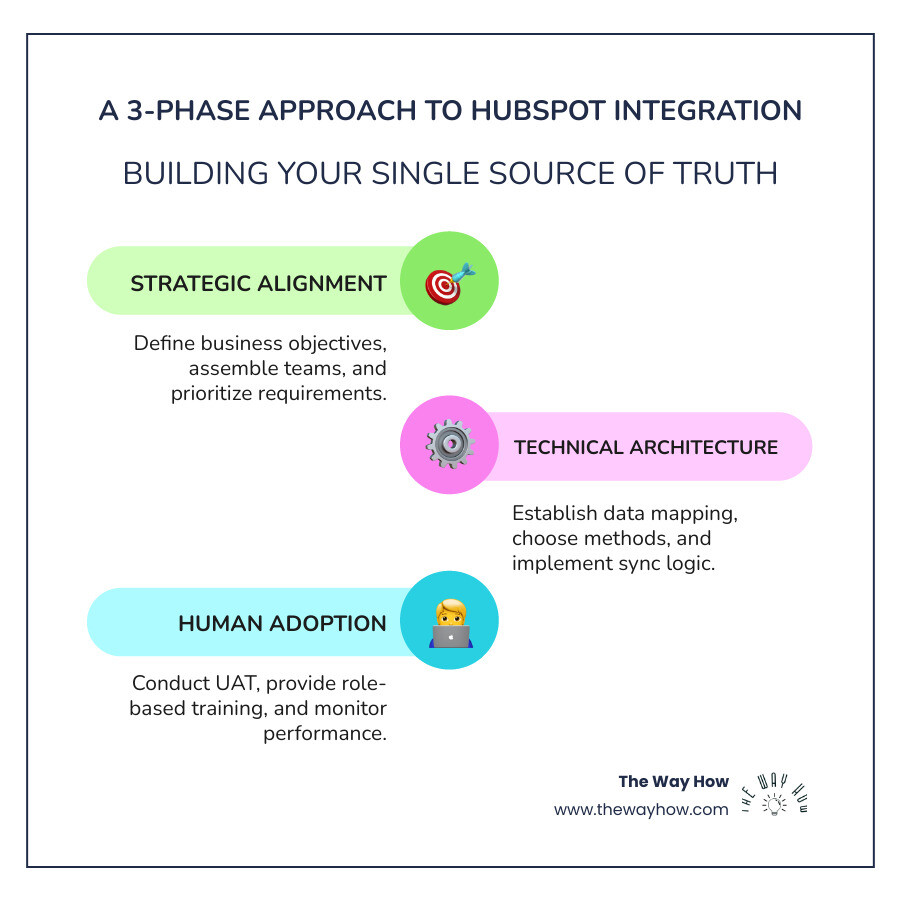 Infographic showing three phases of successful HubSpot integration: Phase 1 Strategic Alignment with team assembly and objective setting, Phase 2 Technical Architecture with data mapping and API configuration, Phase 3 Human Adoption with user training and KPI tracking - HubSpot integration strategy infographic infographic-line-3-steps-colors