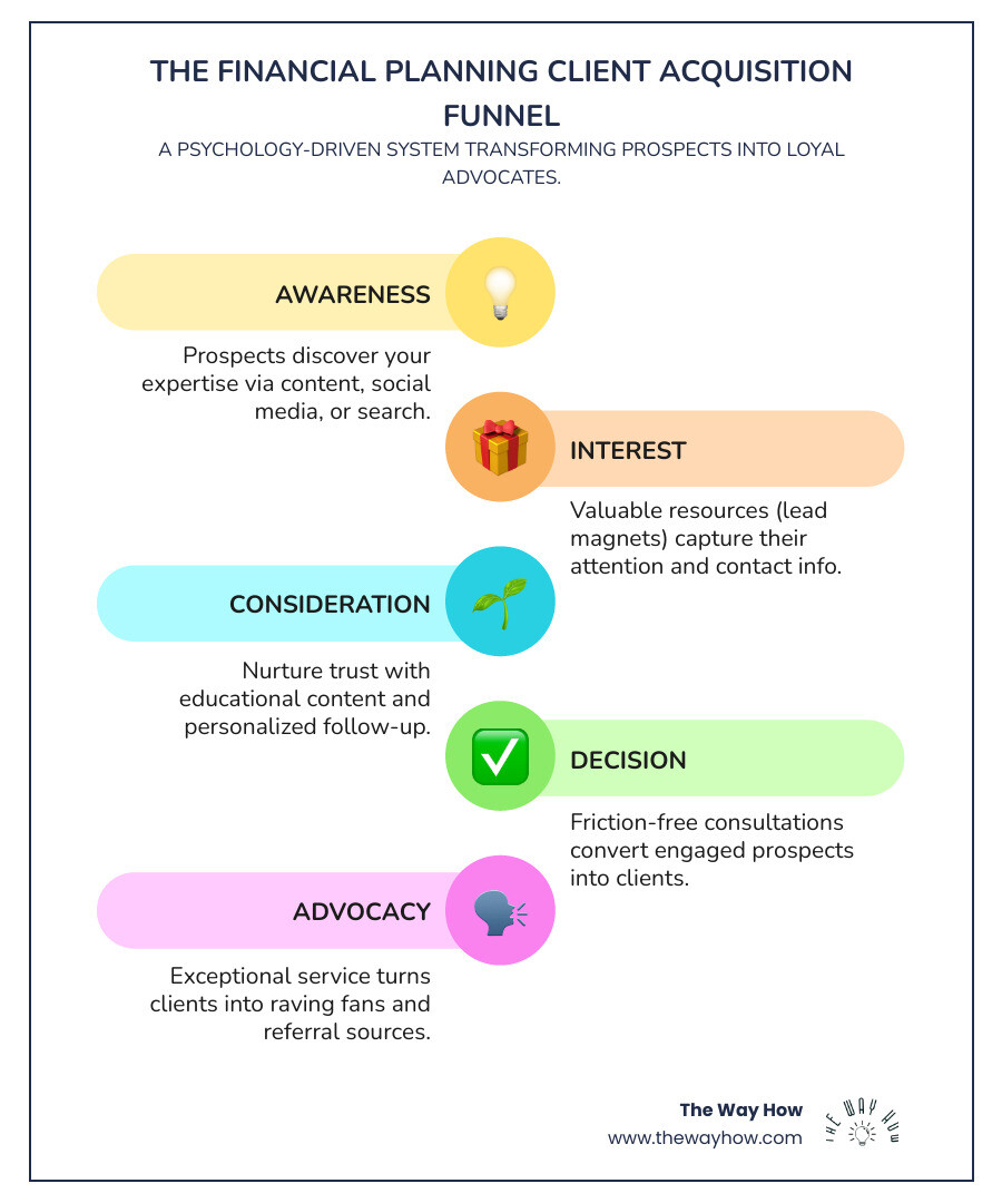 Infographic showing the 5 stages of a financial planning client acquisition funnel: Stage 1 Awareness (becoming visible and credible through content and thought leadership), Stage 2 Interest (capturing attention with valuable lead magnets like guides or webinars), Stage 3 Consideration (nurturing trust through email sequences and case studies), Stage 4 Decision (converting prospects with friction-free consultations and clear proposals), and Stage 5 Advocacy (turning clients into referral sources through excellent service and communication). Arrows connect each stage, showing the flow from stranger to advocate, with key metrics and psychological objectives noted at each stage. - financial planning client acquisition funnel infographic infographic-line-5-steps-colors