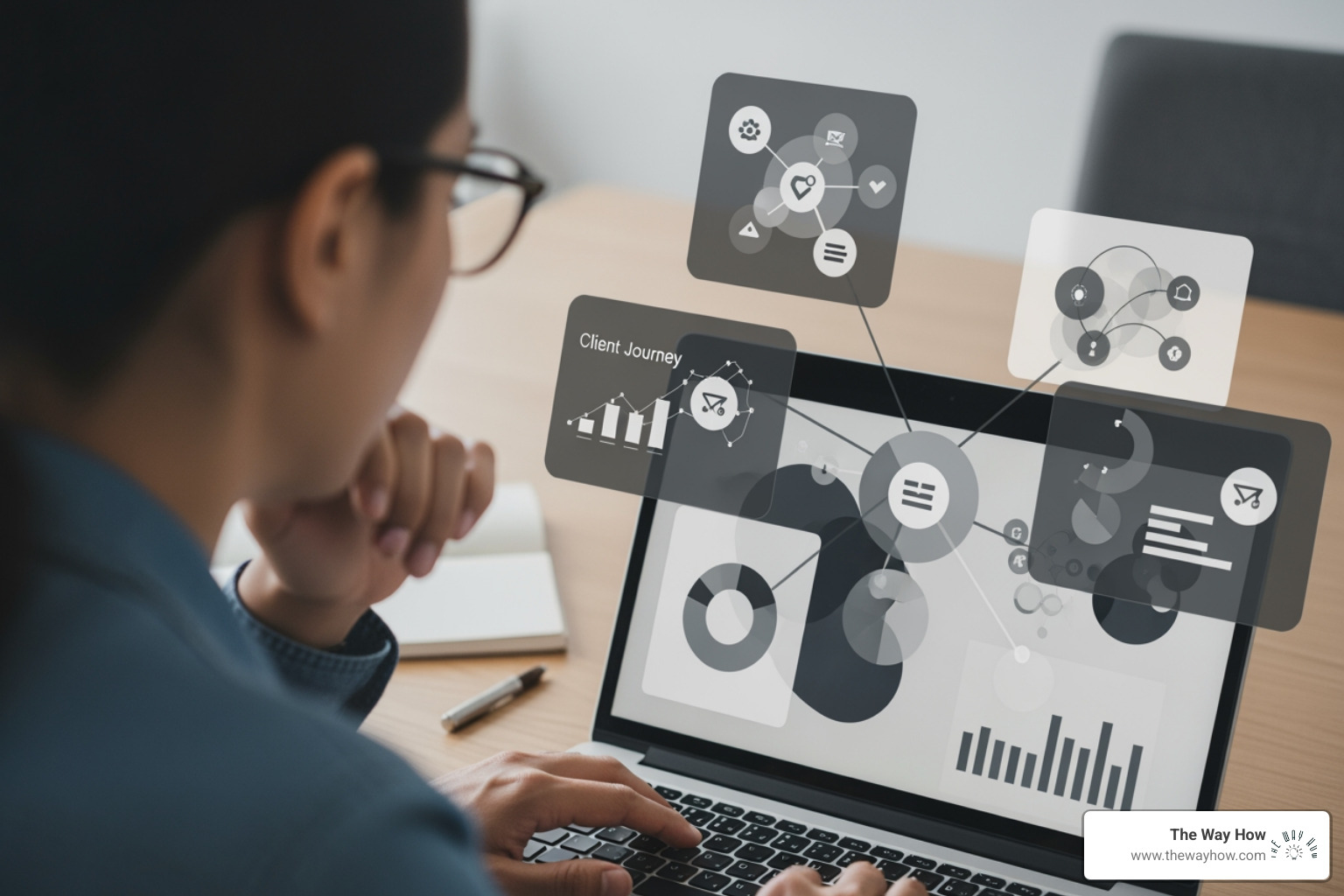 A financial advisor, deep in thought, working on a laptop. The screen displays abstract representations of a funnel, data points, and interconnected client journeys, suggesting strategic planning and digital integration. - financial planning client acquisition funnel