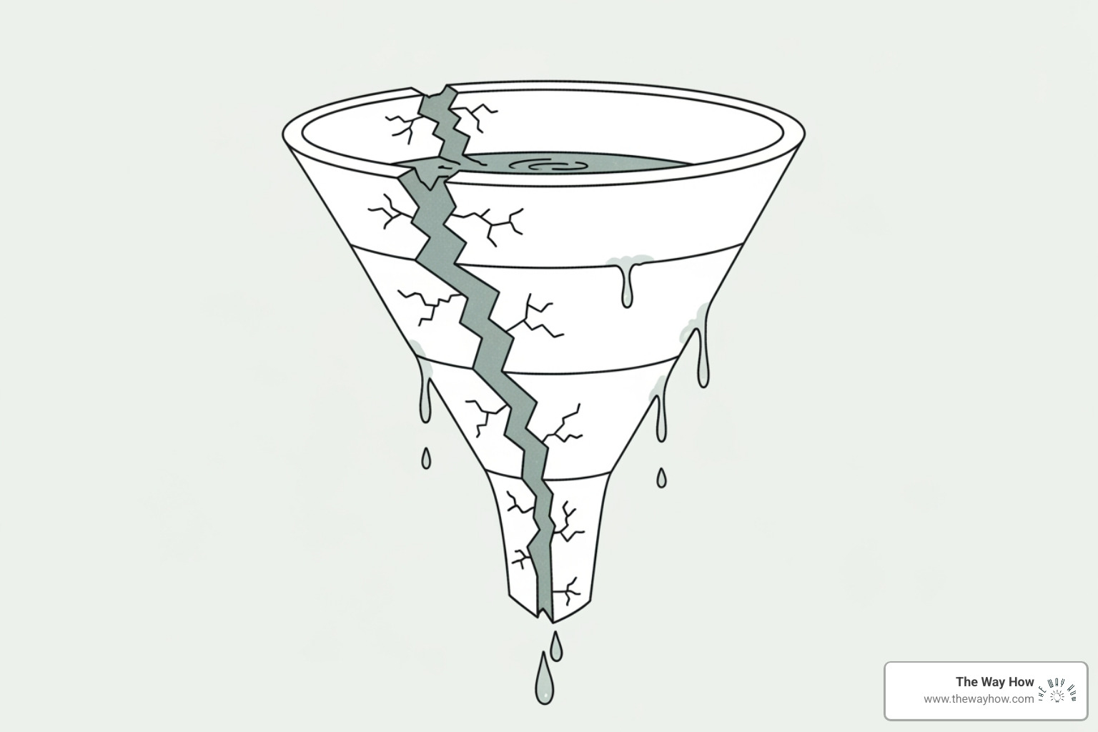 Image of a leaky funnel with specific leaks labeled "Unclear Value Prop," "Pricing Confusion," and "Lack of Social Proof." - marketing budget optimization Image of a leaky funnel with specific leaks labeled "Unclear Value Prop," "Pricing Confusion," and "Lack of Social Proof." - marketing budget optimization
