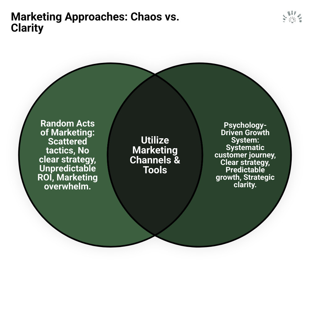 infographic showing two paths: left side labeled 'Random Acts of Marketing' with scattered disconnected tactics like SEO, ads, content with no clear flow; right side labeled 'Psychology-Driven Growth System' showing a clear customer journey from awareness through consideration to decision, with strategic touchpoints addressing buyer uncertainty at each stage - Fractional CMO hire infographic venn_diagram