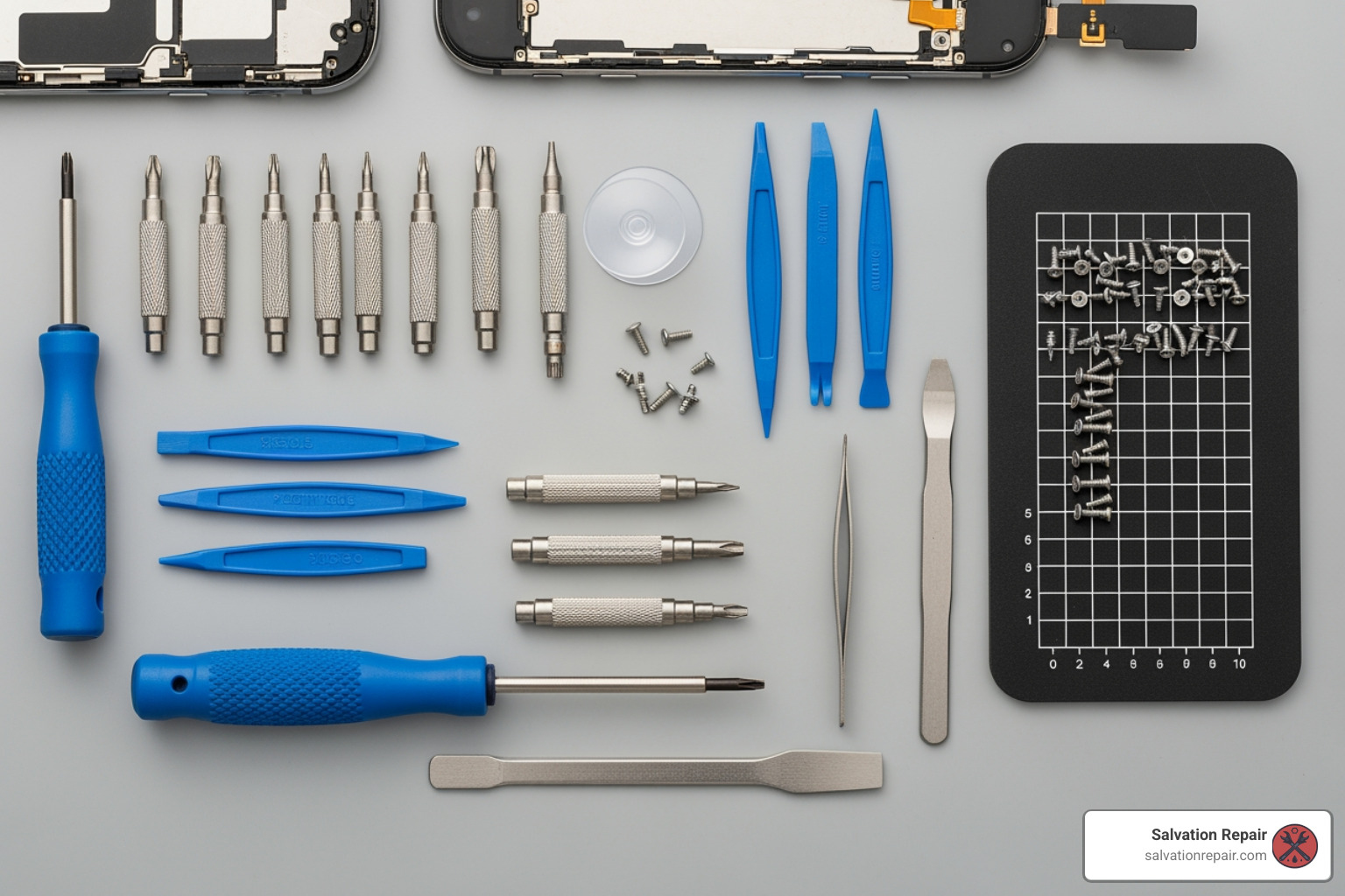 a DIY phone repair kit with various small tools - cracked screen a DIY phone repair kit with various small tools - cracked screen