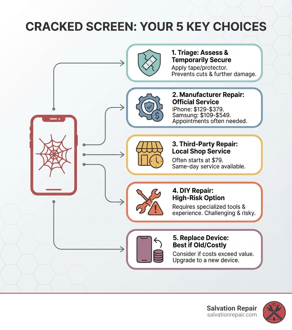 Infographic explaining the 5 key choices: Triage, Manufacturer Repair, 3rd Party Repair, DIY, or Replace - cracked screen infographic Infographic explaining the 5 key choices: Triage, Manufacturer Repair, 3rd Party Repair, DIY, or Replace - cracked screen infographic