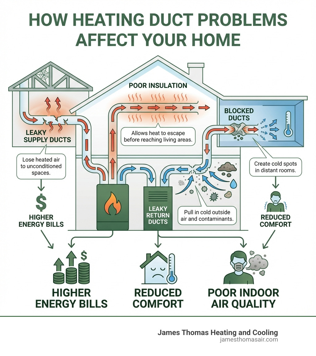 Infographic showing how heating duct problems affect your home: leaky supply ducts lose heated air to unconditioned spaces like attics and crawlspaces, blocked ducts create cold spots in distant rooms, poor insulation allows heat to escape before reaching living areas, and leaky return ducts pull in cold outside air and contaminants, all leading to higher energy bills, reduced comfort, and poor indoor air quality - heating duct problems infographic 