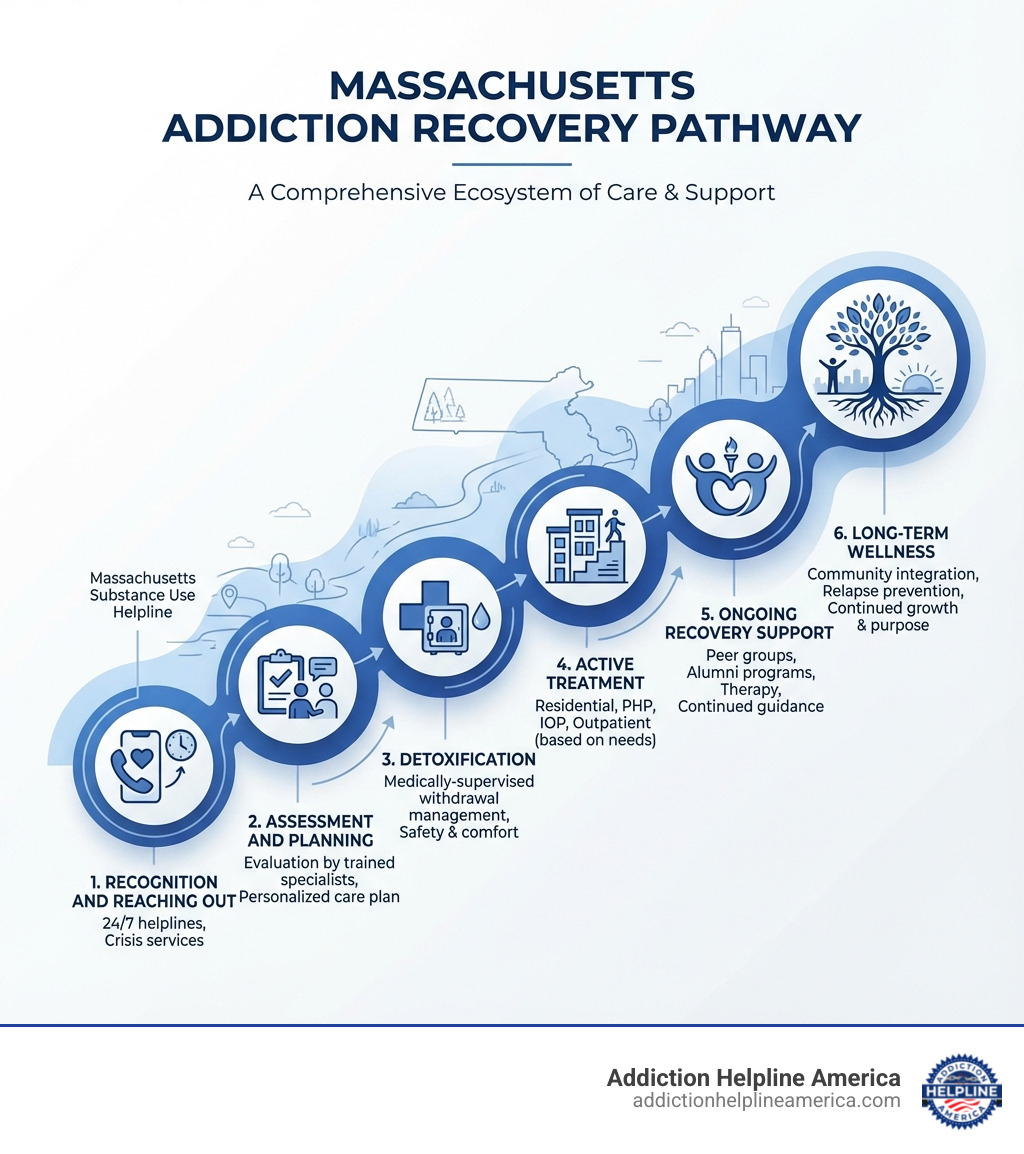 Infographic showing the path of addiction recovery in Massachusetts: 1. Recognition and Reaching Out (24/7 helplines and crisis services), 2. Assessment and Planning (evaluation by trained specialists), 3. Detoxification (medically-supervised withdrawal management), 4. Active Treatment (residential, PHP, IOP, or outpatient based on needs), 5. Ongoing Recovery Support (peer groups, alumni programs, therapy), 6. Long-term Wellness (community integration, relapse prevention, continued growth) - addiction recovery Massachusetts infographic 