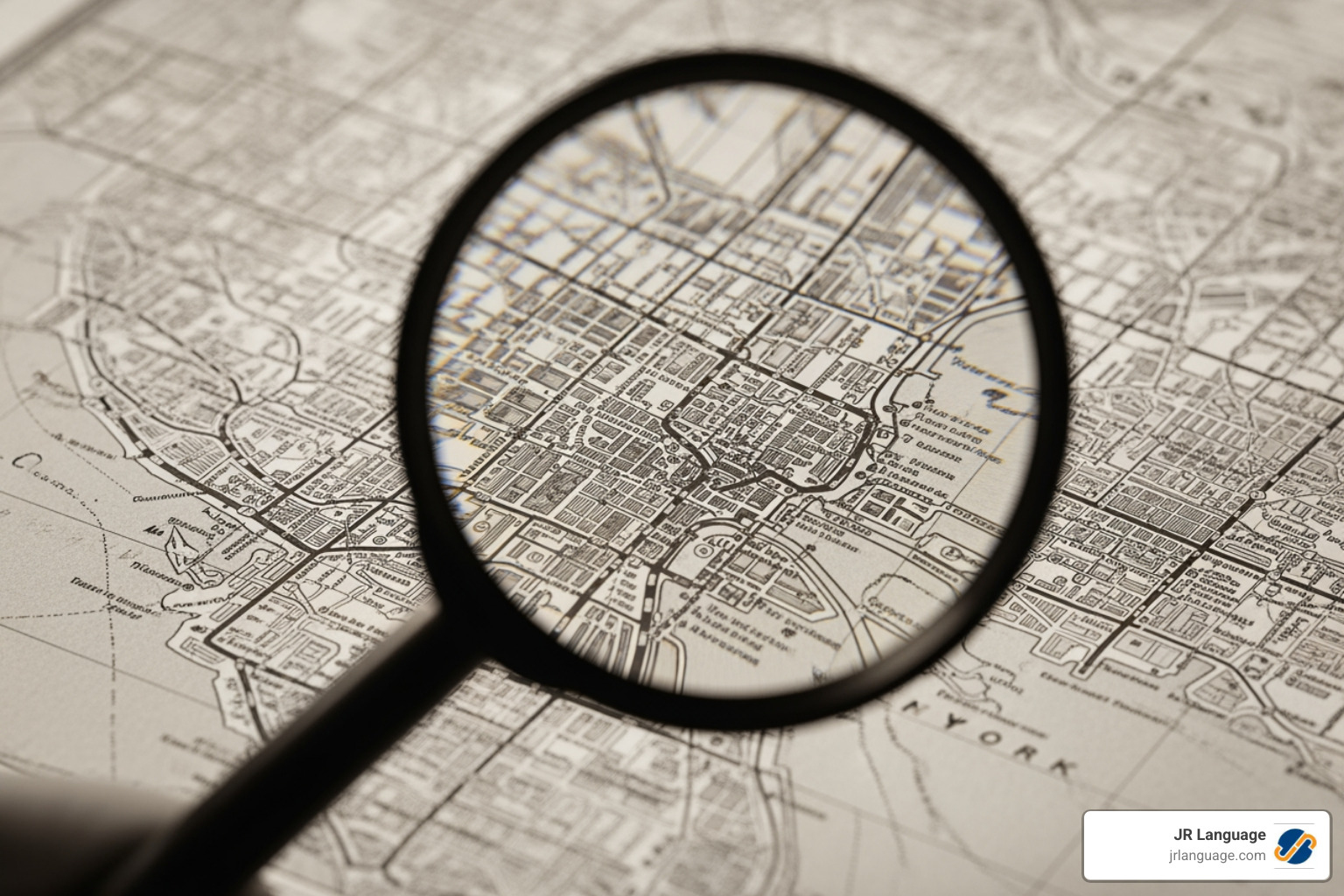 Magnifying glass over a map of NYC - Translation agency New York City Magnifying glass over a map of NYC - Translation agency New York City