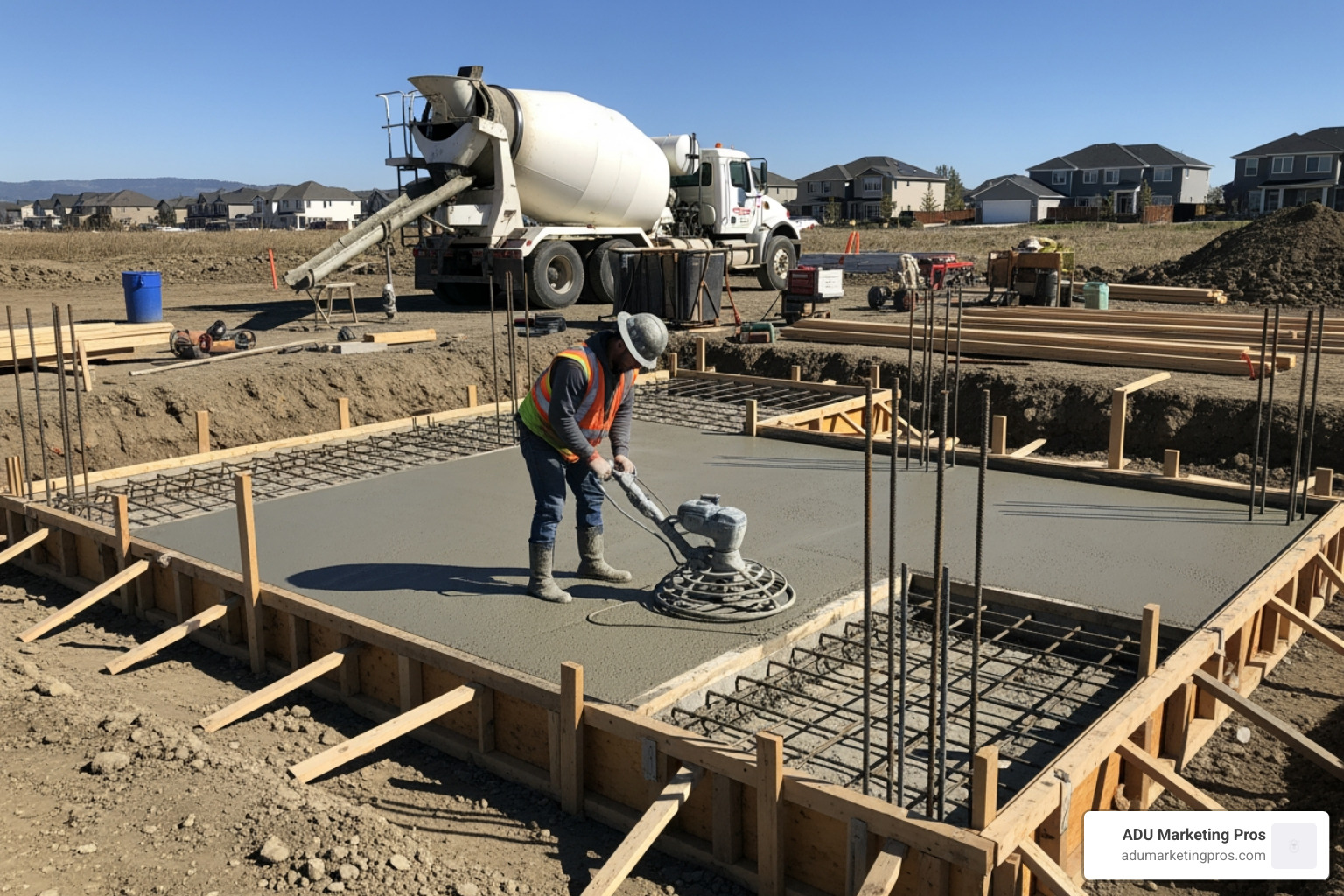 Construction site with the foundation of an ADU being laid, illustrating the start of the on-site building process. - custom adu builder