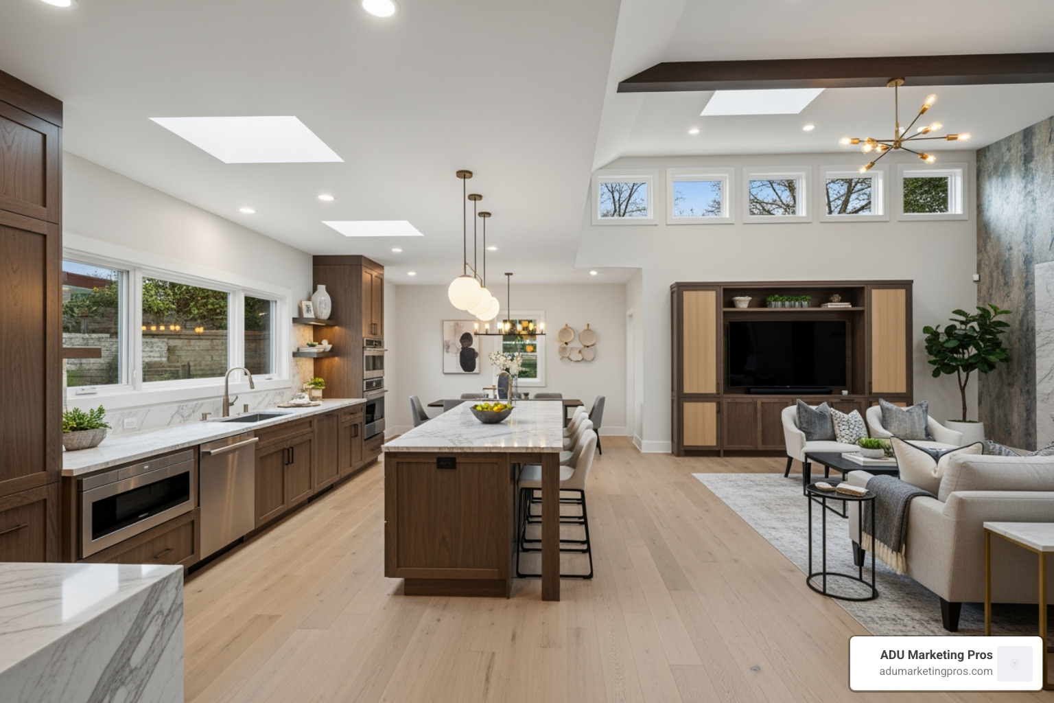 A luxurious custom ADU interior, showcasing high-end finishes, custom cabinetry, and a unique, light-filled layout. - custom adu builder