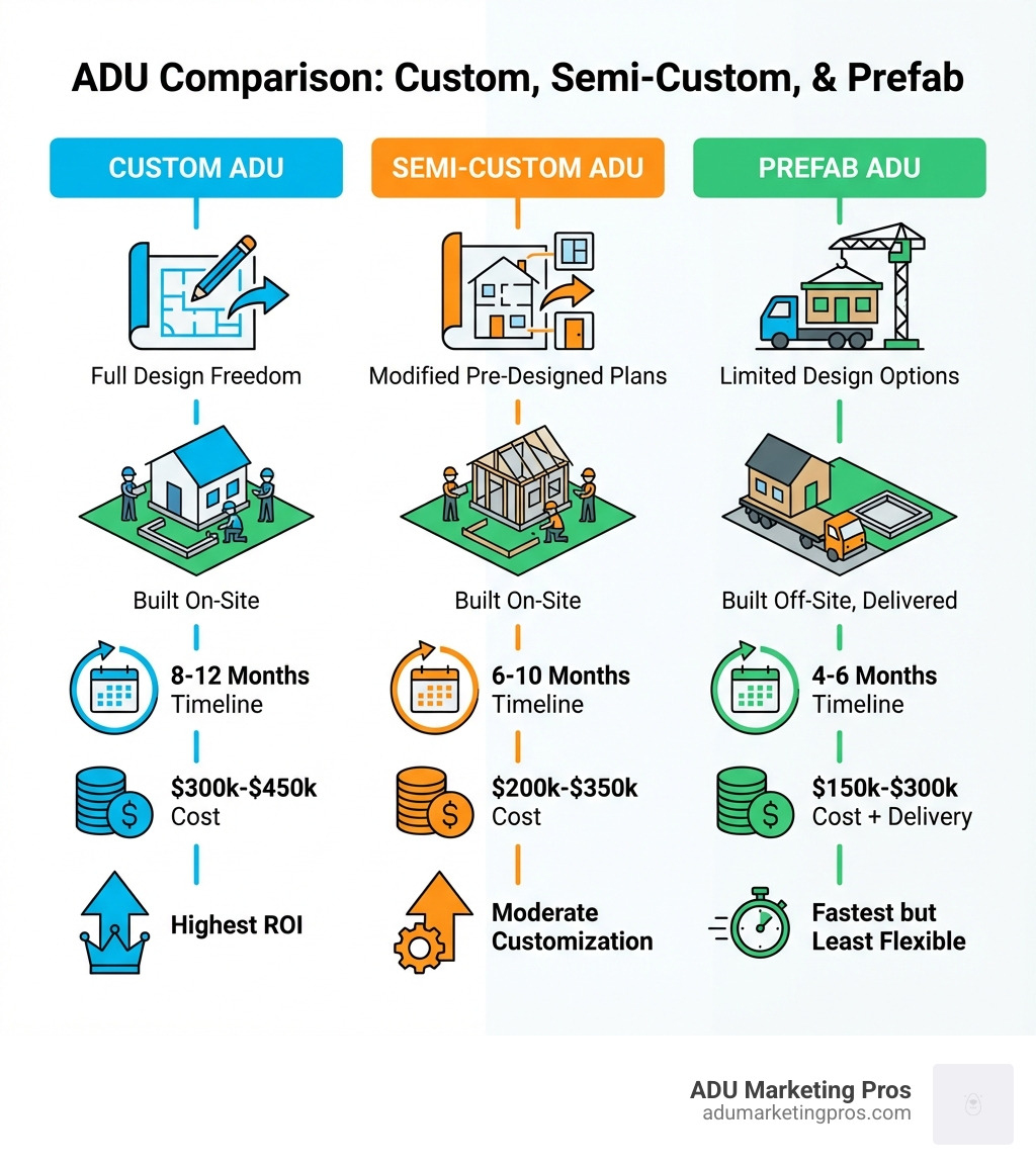 Infographic comparing Custom ADUs (full design freedom, built on-site, 8-12 month timeline, $300k-$450k cost, highest ROI), Semi-Custom ADUs (modified pre-designed plans, built on-site, 6-10 month timeline, $200k-$350k cost, moderate customization), and Prefab ADUs (limited design options, built off-site then delivered, 4-6 month timeline, $150k-$300k cost plus delivery, fastest but least flexible) - custom adu builder infographic 