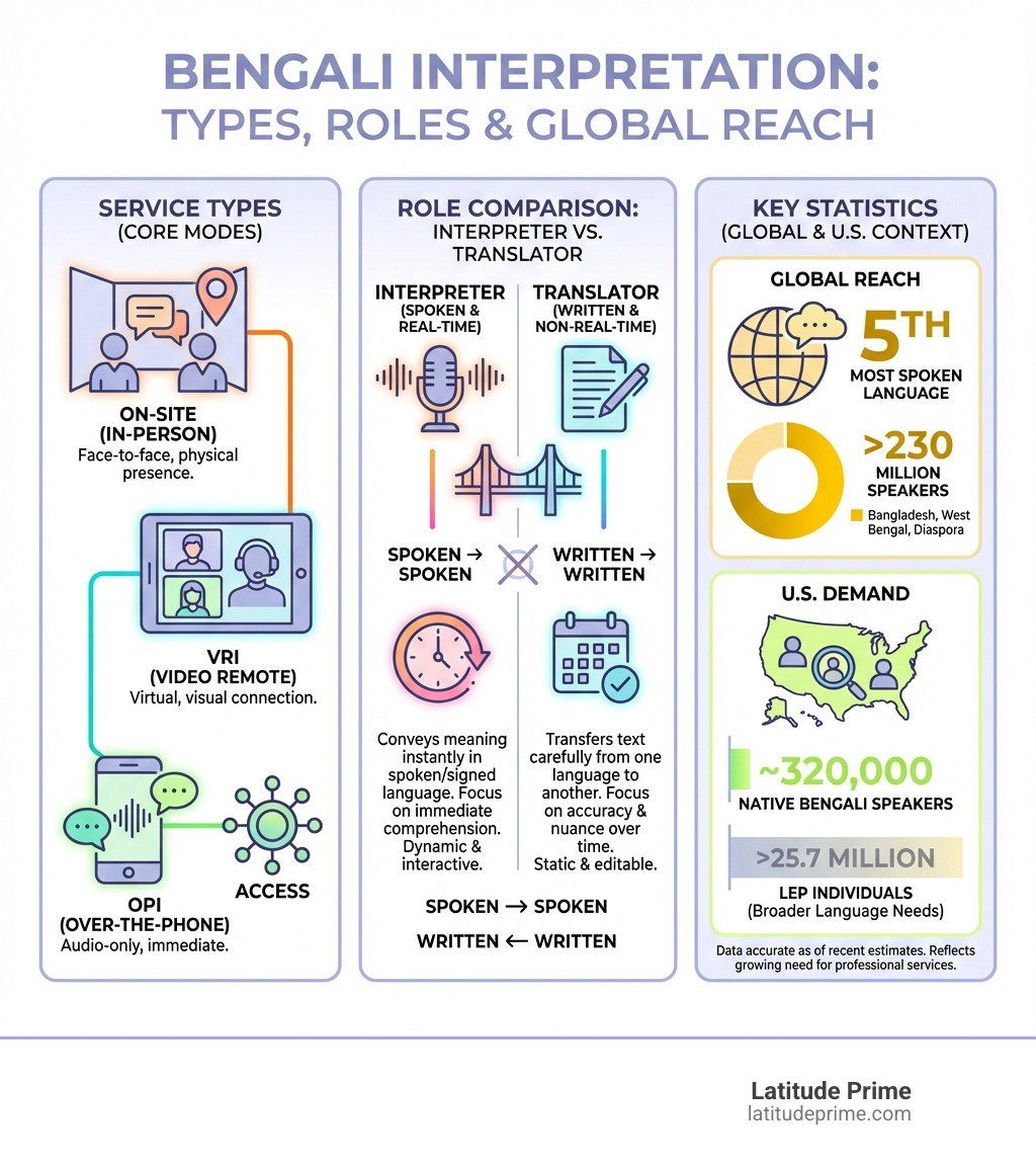 Infographic showing types of Bengali interpretation services, comparison of interpreter vs translator roles, and key statistics about Bengali speakers globally and in the US - interpreter in bengali infographic 