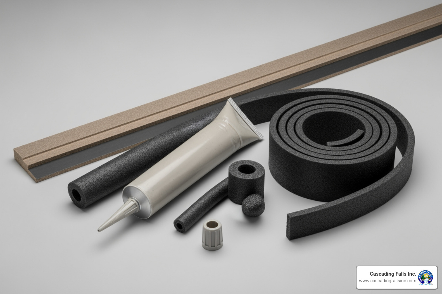 various gap filler products like a caulk tube, a foam backer rod, and an expansion joint strip - driveway gap repair