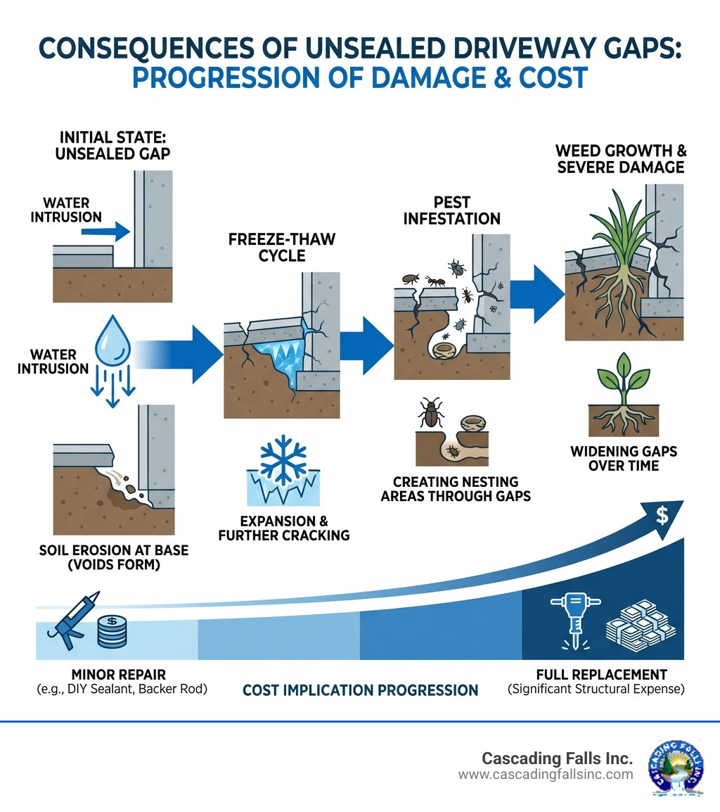 Infographic showing the consequences of unsealed driveway gaps: water intrusion leading to soil erosion at the base, freeze-thaw cycle causing expansion and further cracking, pest infestation through open gaps creating nesting areas, and weed growth widening gaps over time, with arrows indicating progression of damage and cost implications increasing from minor repair to full replacement - driveway gap repair infographic 