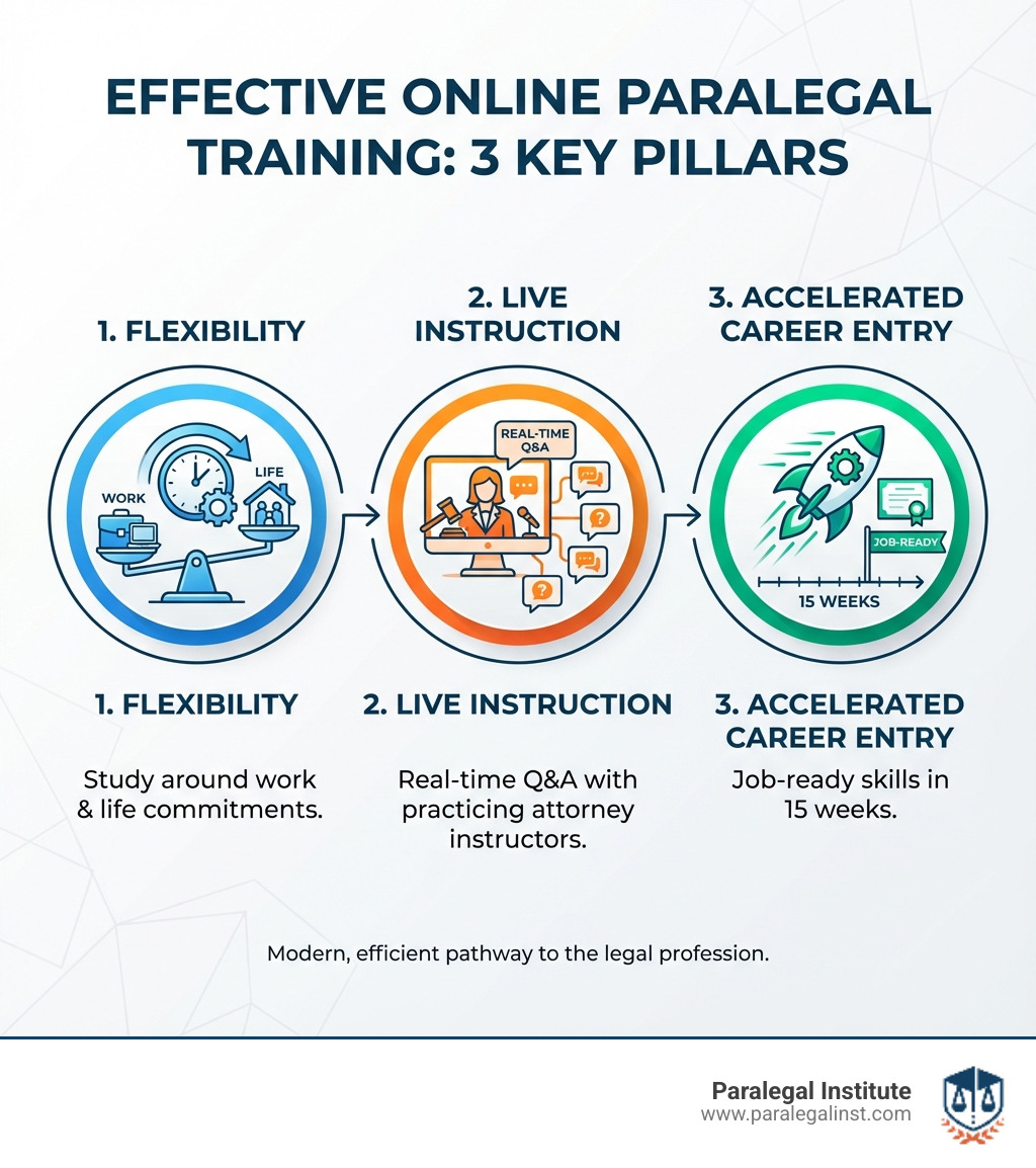 Infographic showing three pillars of effective online paralegal training: Flexibility to study around work and life commitments, Live Instruction with real-time Q&A and practicing attorney instructors, and Accelerated Career Entry with job-ready skills in 15 weeks - paralegal training online infographic Infographic showing three pillars of effective online paralegal training: Flexibility to study around work and life commitments, Live Instruction with real-time Q&A and practicing attorney instructors, and Accelerated Career Entry with job-ready skills in 15 weeks - paralegal training online infographic