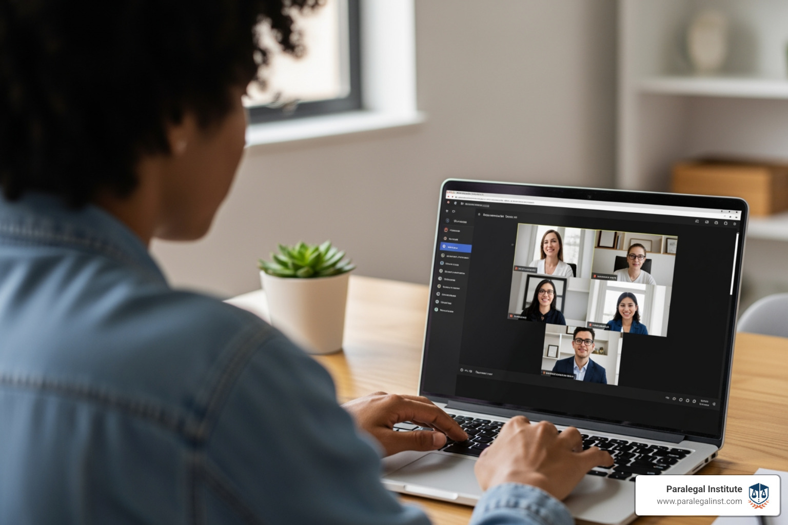 A student participating in a live online paralegal class on a laptop, with a virtual classroom visible on the screen. - paralegal training online A student participating in a live online paralegal class on a laptop, with a virtual classroom visible on the screen. - paralegal training online