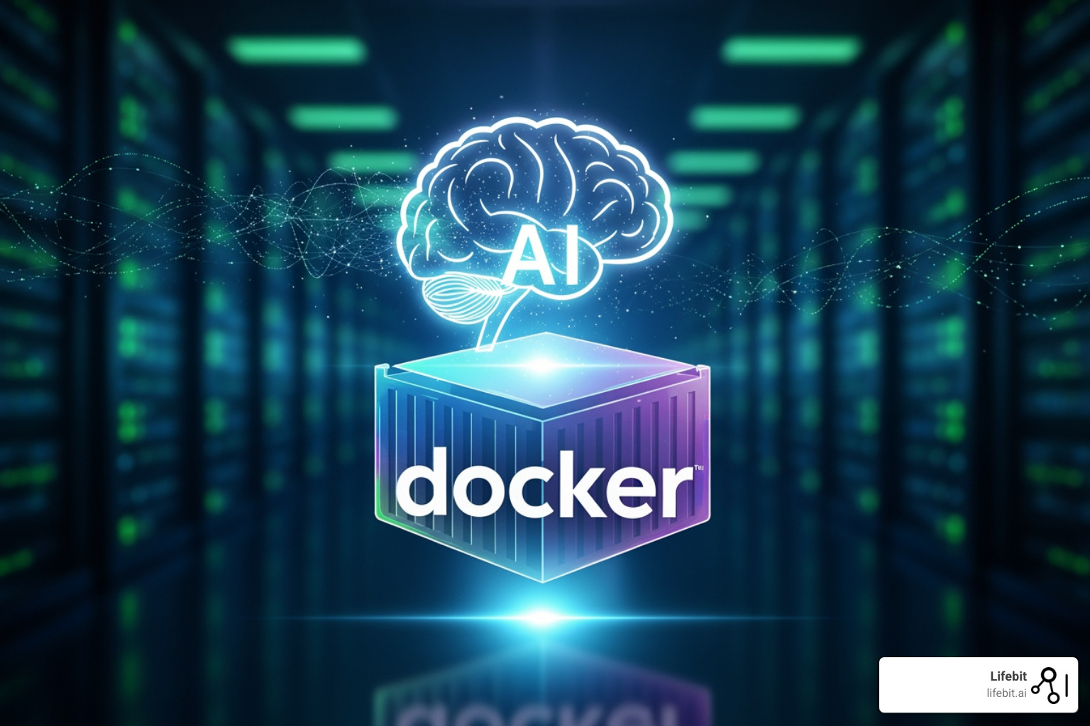 Docker Hub logo surrounded by logos of popular AI tools like Python, PyTorch, TensorFlow, and Ollama - ai for docker