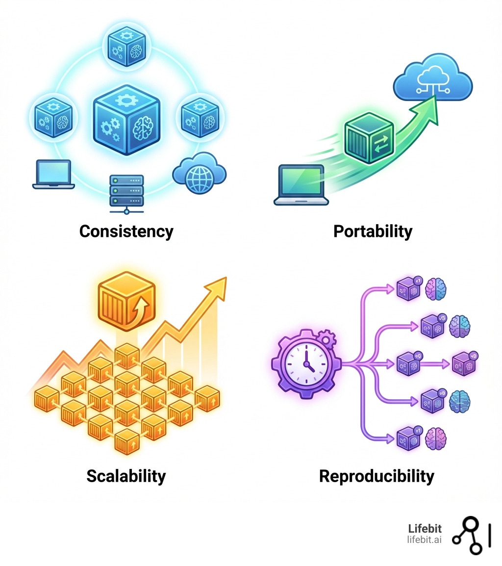 Infographic showing four key benefits of Docker for AI development: Consistency (same environment everywhere with container icon), Portability (laptop to cloud transfer with arrow), Scalability (single container multiplying to many with up arrow), and Reproducibility (version control history with clock) - ai for docker infographic 