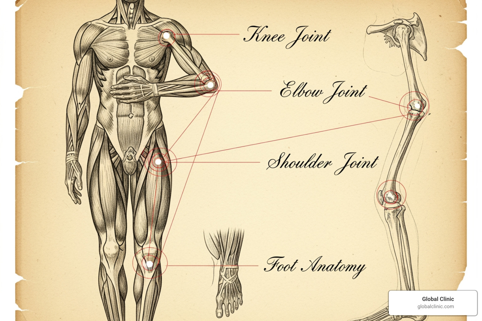 Anatomical chart highlighting common areas for PRP injections including the knee, elbow, shoulder, and foot - PRP for pain management Anatomical chart highlighting common areas for PRP injections including the knee, elbow, shoulder, and foot - PRP for pain management