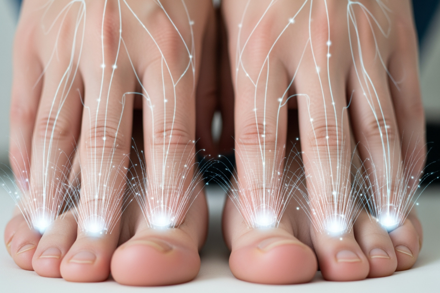 Common areas affected by neuropathy, such as the hands and feet, with tingling effects shown - neuropathy caused