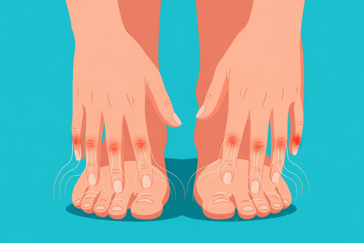 Illustration showing hands and feet with tingling, numbness, and burning sensations to represent peripheral neuropathy, highlighting common areas of nerve damage - what causes nerve damage