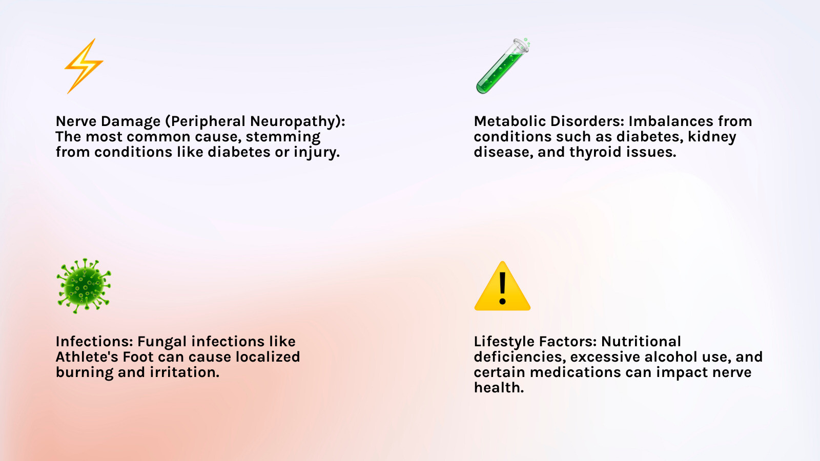infographic explaining the main categories of burning feet causes: Nerve Damage, Metabolic Disorders, Infections, and Lifestyle Factors. - what causes burning feet infographic 4_facts_emoji_light-gradient