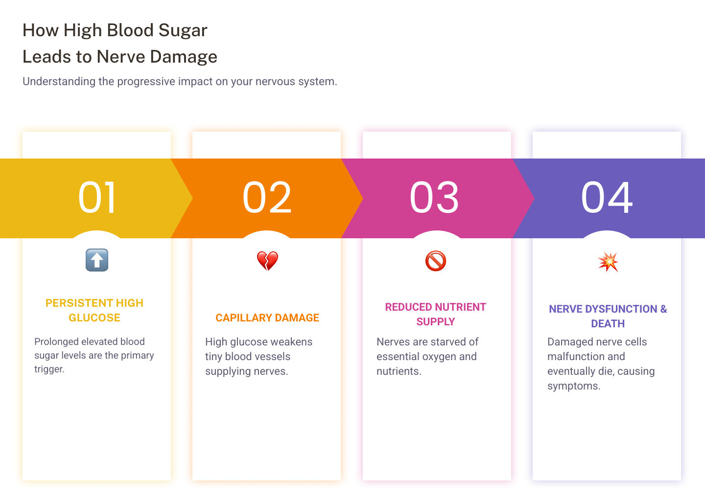 infographic showing how high blood sugar damages nerve cells by weakening blood vessels, leading to reduced oxygen and nutrient supply, nerve inflammation, cell death, and resulting symptoms like numbness, tingling, pain, and weakness in extremities - what is diabetic neuropathy infographic pillar-4-steps