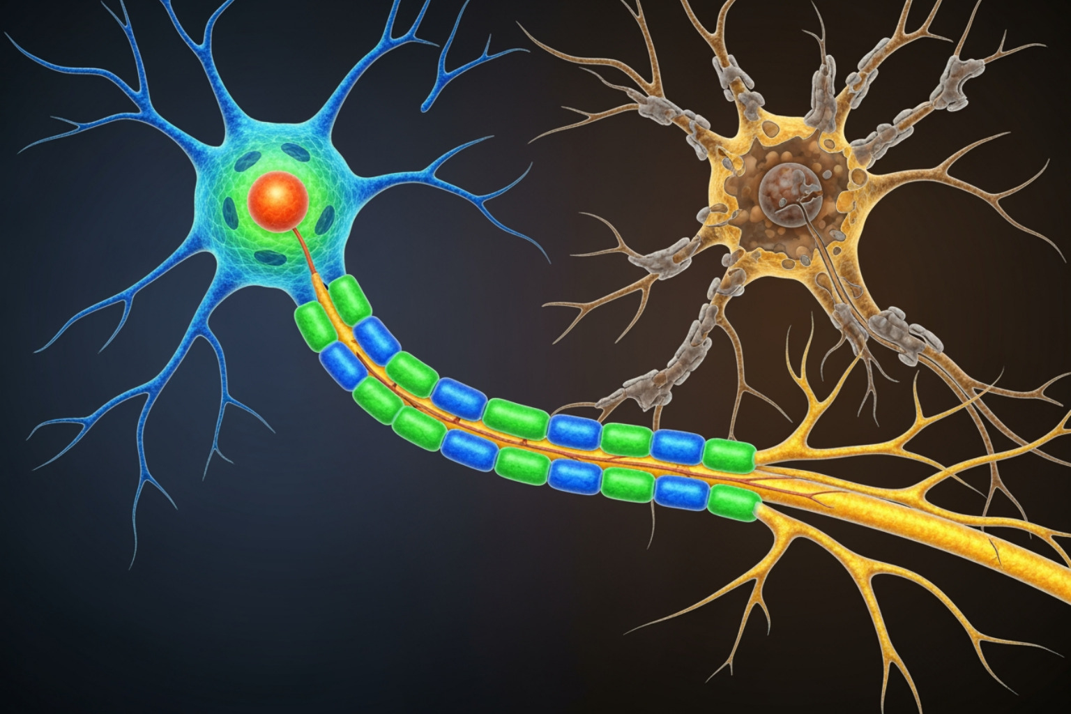 damaged nerve cell compared to a healthy one - what is diabetic neuropathy