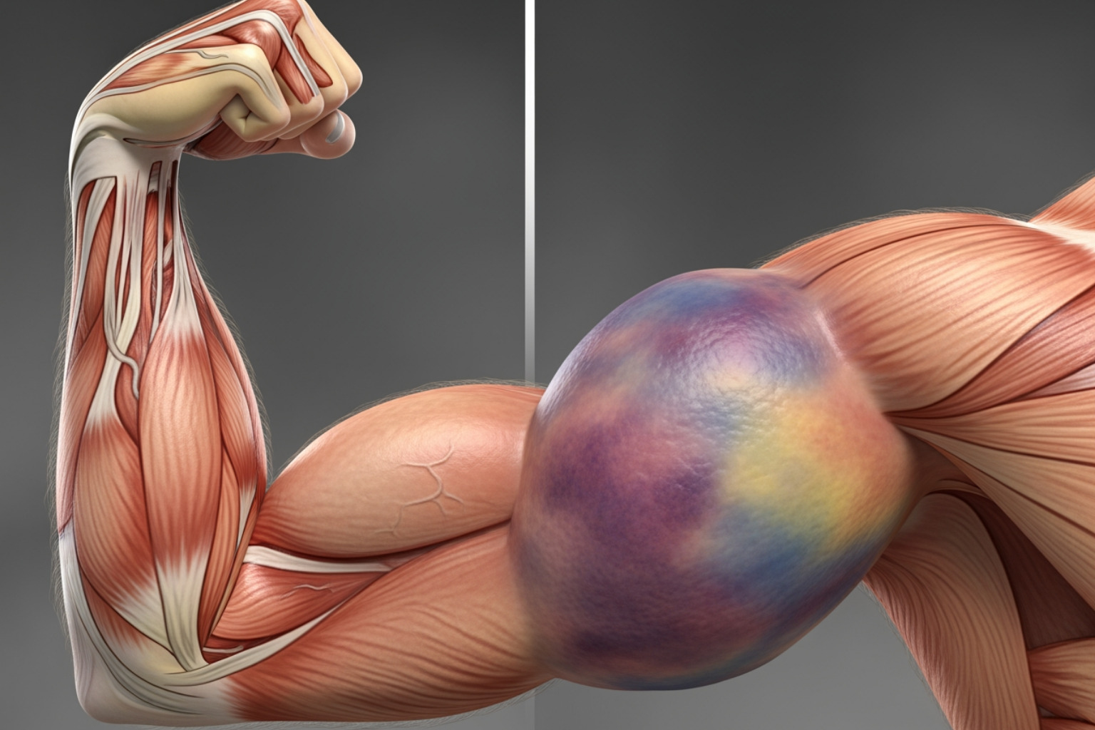Comparing the look of a sore muscle versus a bruised, swollen muscle injury - What helps muscle pain