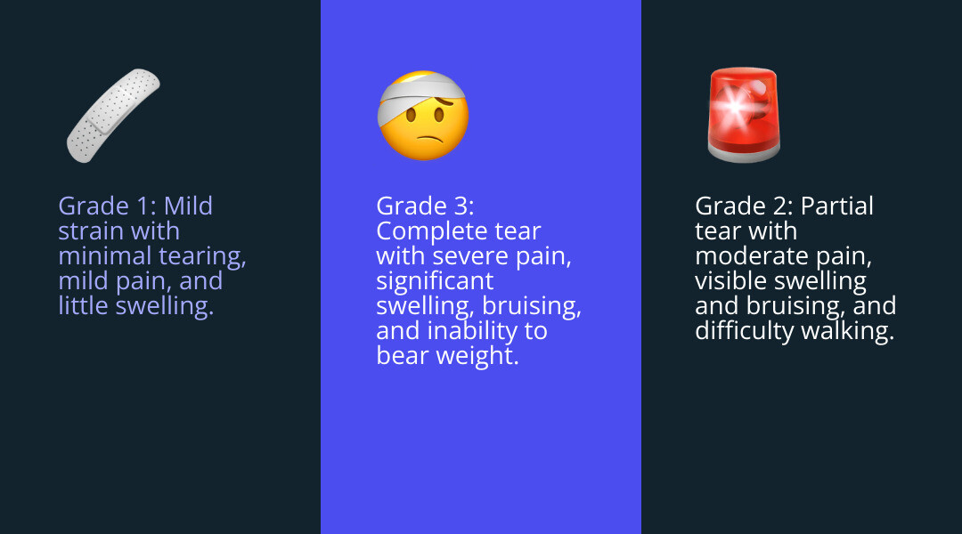 Infographic showing the three grades of hamstring injuries: Grade 1 (mild strain with minimal tearing, mild pain, little swelling), Grade 2 (partial tear with moderate pain, visible swelling and bruising, difficulty walking), and Grade 3 (complete tear with severe pain, significant swelling and bruising, inability to bear weight) - signs of a hamstring injury infographic 3_facts_emoji_blue