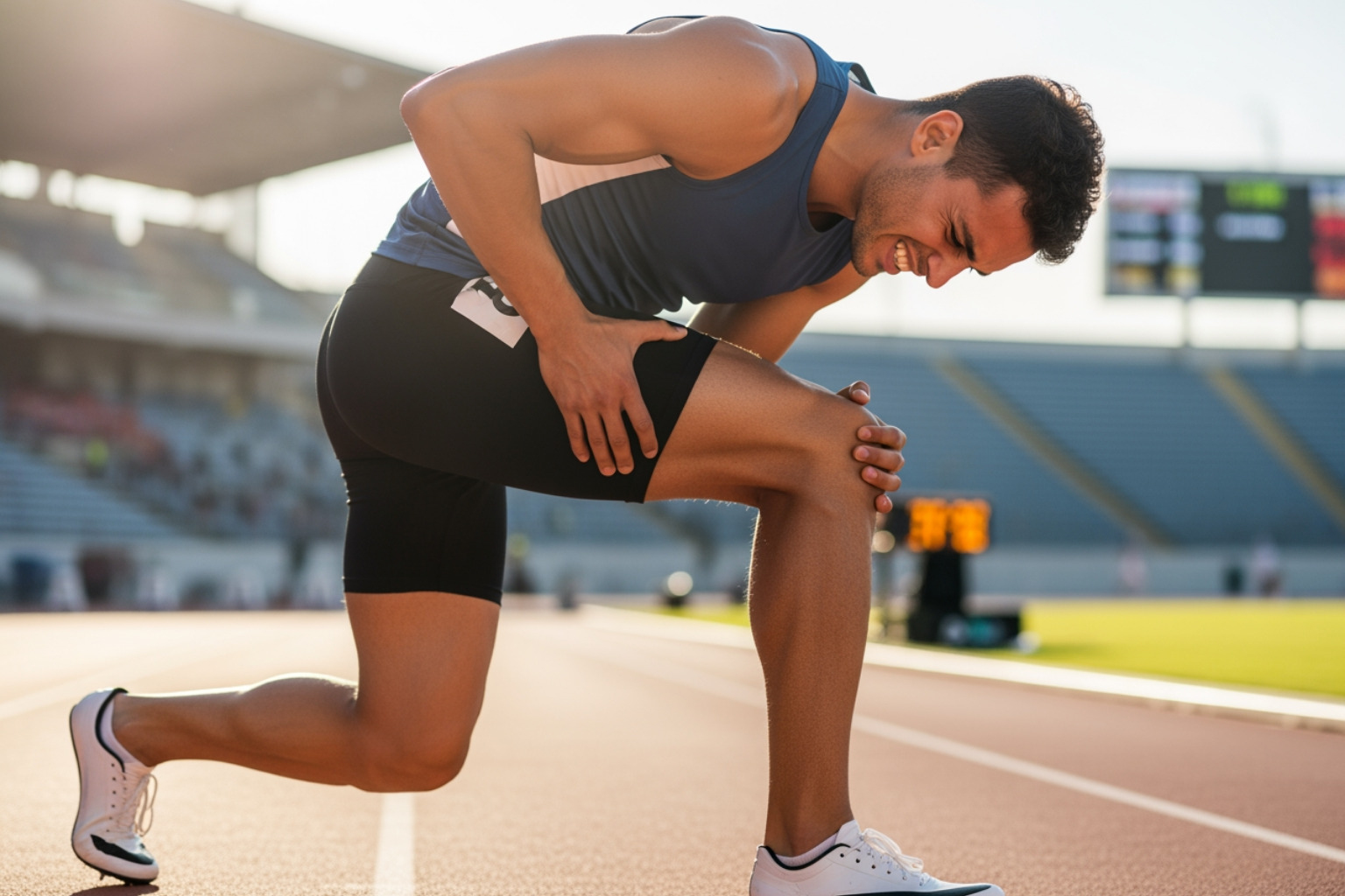 An athlete clutching the back of their thigh in pain after a sudden movement, demonstrating a hamstring injury - signs of a hamstring injury