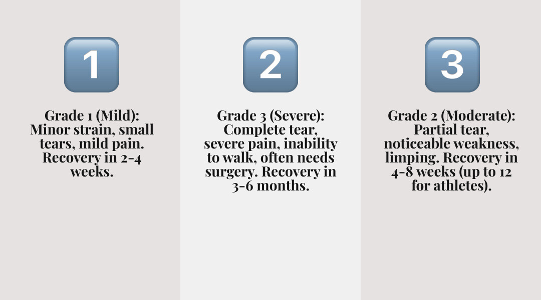 infographic showing three hamstring tear grades with muscle fiber damage illustrations, recovery timelines for each grade, and visual indicators of pain levels and mobility restrictions - recovery time hamstring tear infographic 3_facts_emoji_grey
