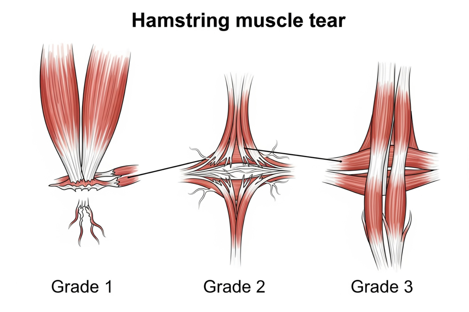 Illustration showing the anatomical differences between a Grade 1 muscle strain (few torn fibers), a Grade 2 partial tear (more significant tearing but not complete separation), and a Grade 3 complete rupture (full separation of muscle or tendon) - recovery time hamstring tear